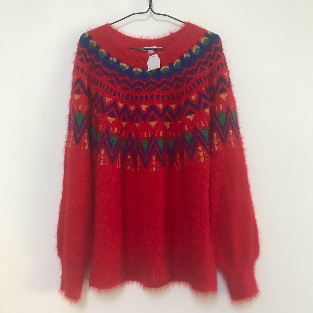 Time and Tru The Fair Isle Fuzzy Sweater Red L NEW